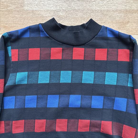 Vintage 80s Sweatshirt Black Checkered Mock Neck Sweatshirt Pullover Geometric M - Picture 2 of 8